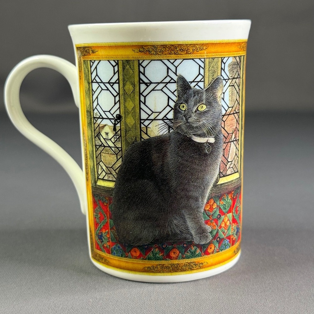 Crown Trent Fine Bone China Grey Cat Stained Glass Window Mug Made in England